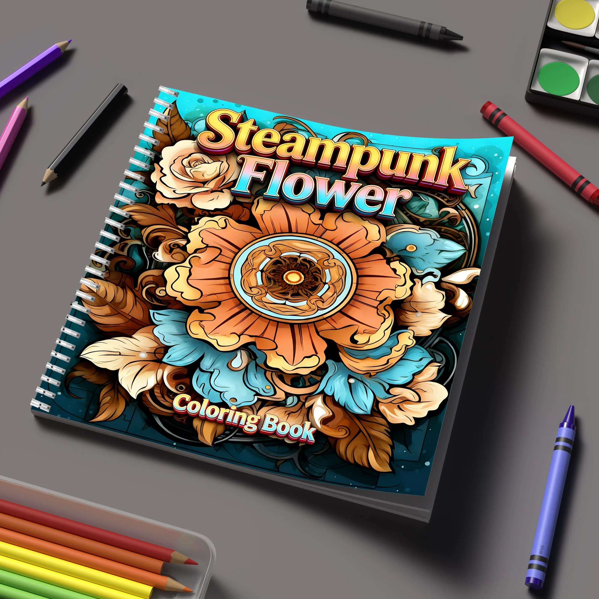 Chalk Bag - Malbuch „Steampunk-Blumen“ für Erwachsene, Malbuch, Geburtstagsgeschenk,